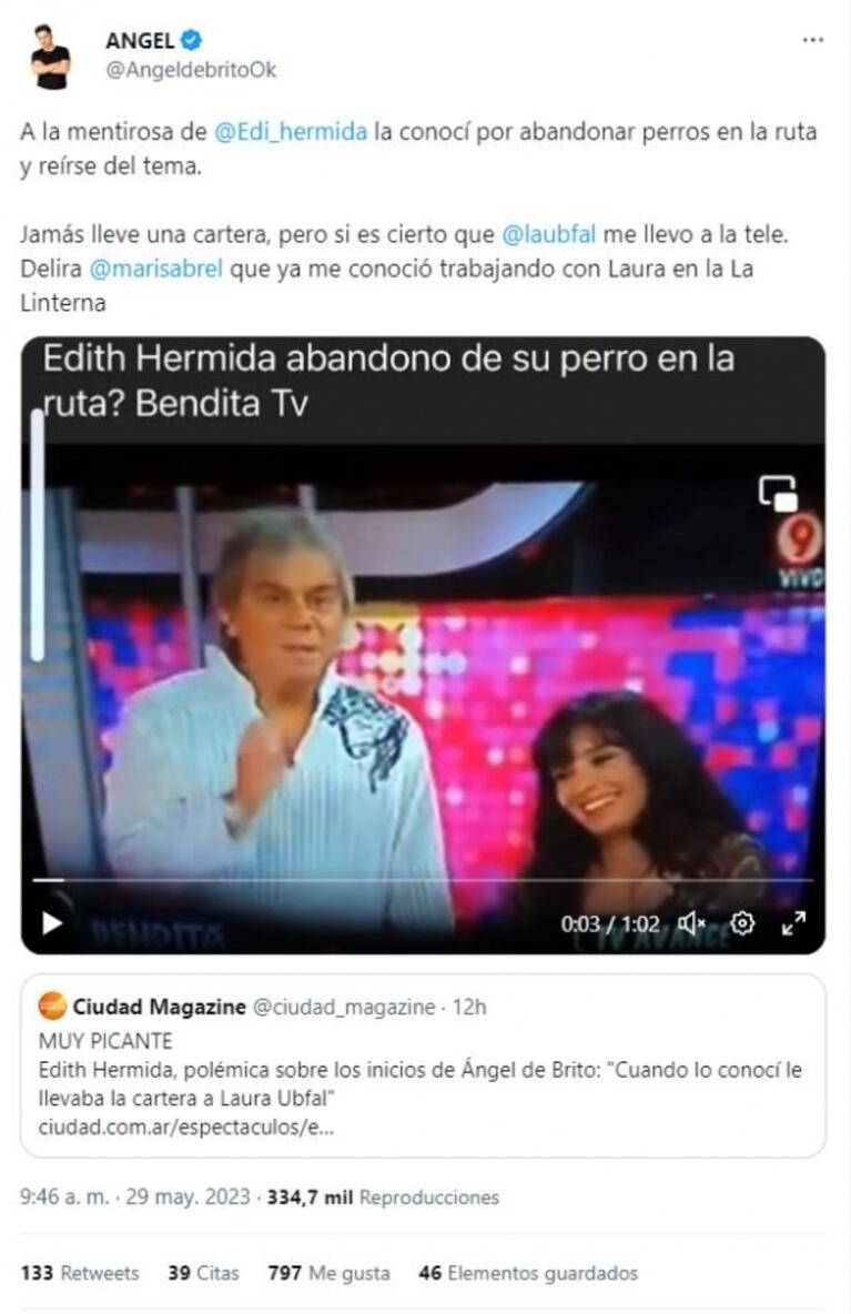 "La conocí por abandonar perros en la ruta": escandalosa respuesta de Ángel de Brito a Edith Hermida