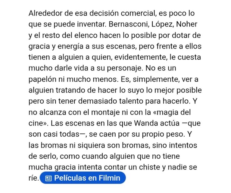 La crítica a la película de Wanda Nara.