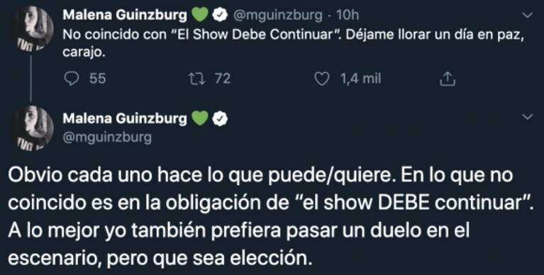 La crítica de Malena Guinzburg a Fede Bal, tras la muerte de Santiago: "No coincido con ‘el show debe continuar’"