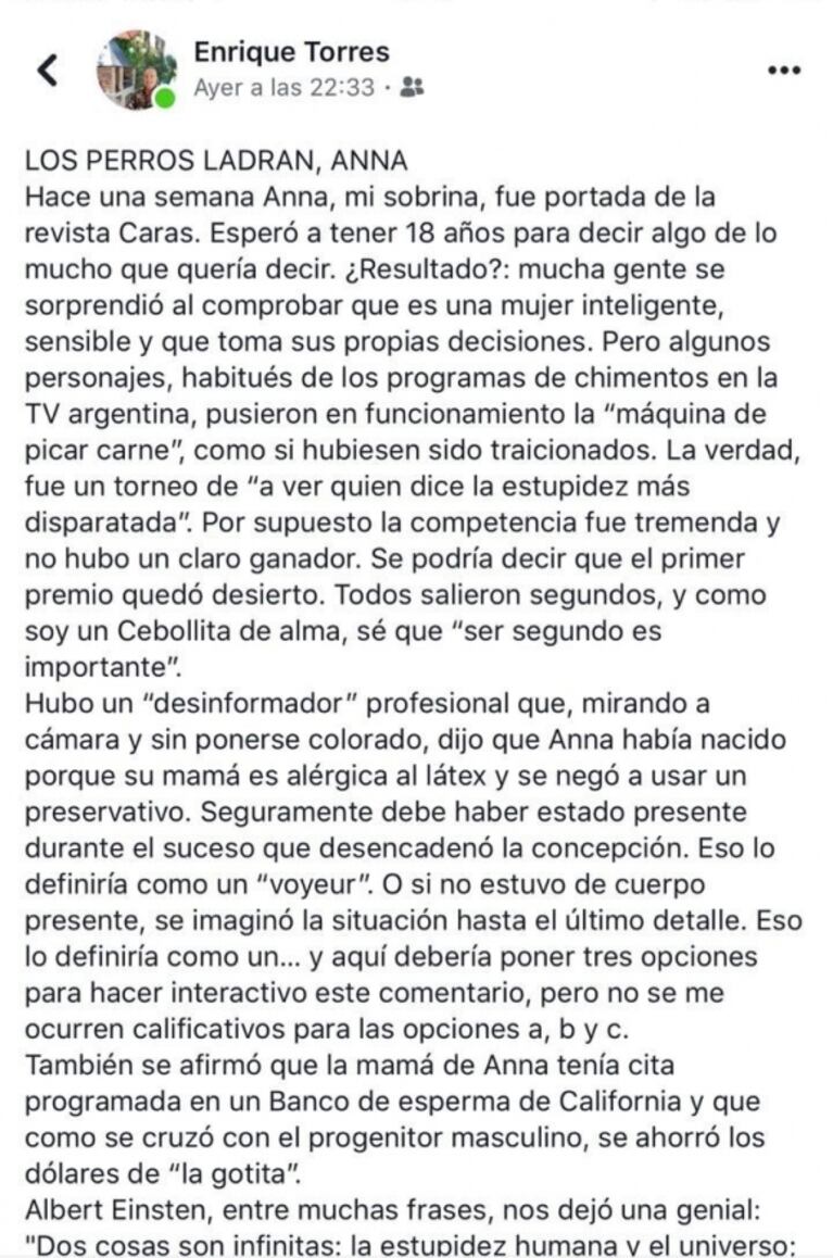 La defensa de Enrique Torres, cuñado de Andrea del Boca, a Anna Chiara, su sobrina