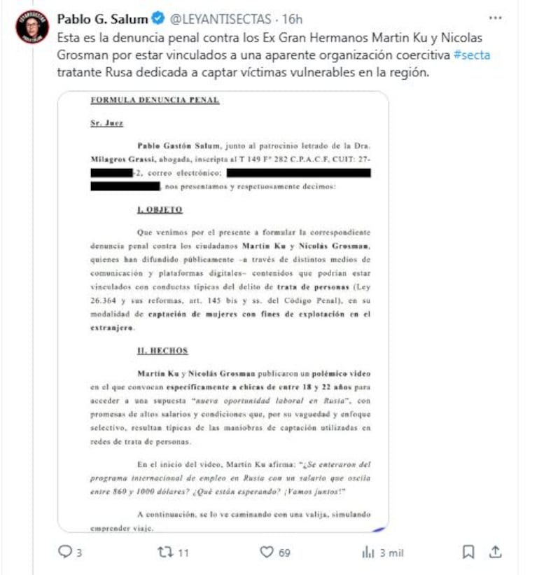 La denuncia contra Martín Ku y Nico Grosman (Foto: Twitter/ X @@LEYANTISECTAS)