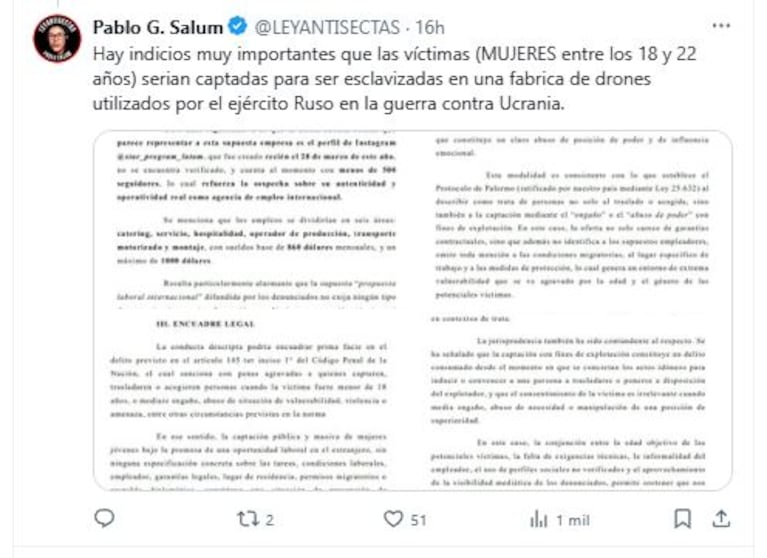 La denuncia contra Martín Ku y Nico Grosman (Foto: Twitter/ X @@LEYANTISECTAS)