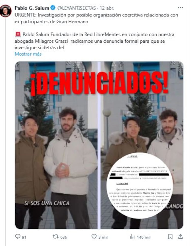 La denuncia contra Martín Ku y Nico Grosman (Foto: Twitter/ X @@LEYANTISECTAS)