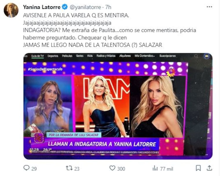 La desmentida de Yanina Latorre en X (ex Twitter).