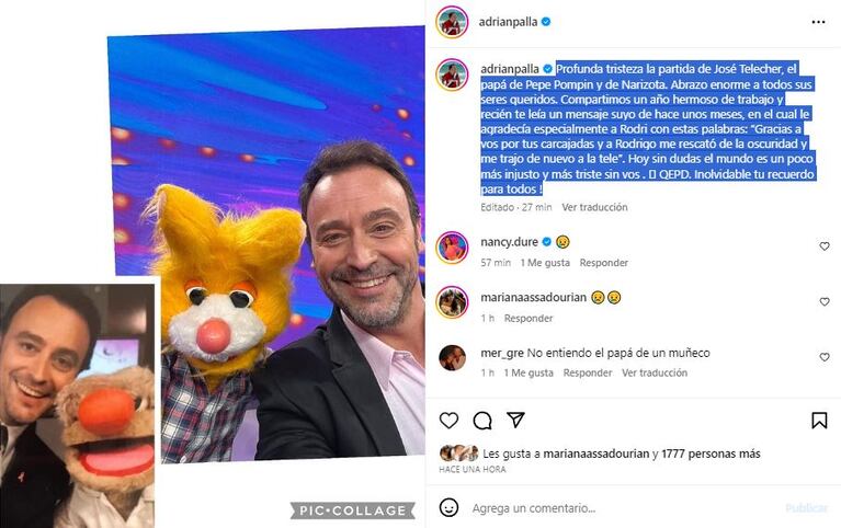 La despedida de Adrián Pallares tras la muerte de José Luis Telecher (Foto: Instagram @adrianpalla)