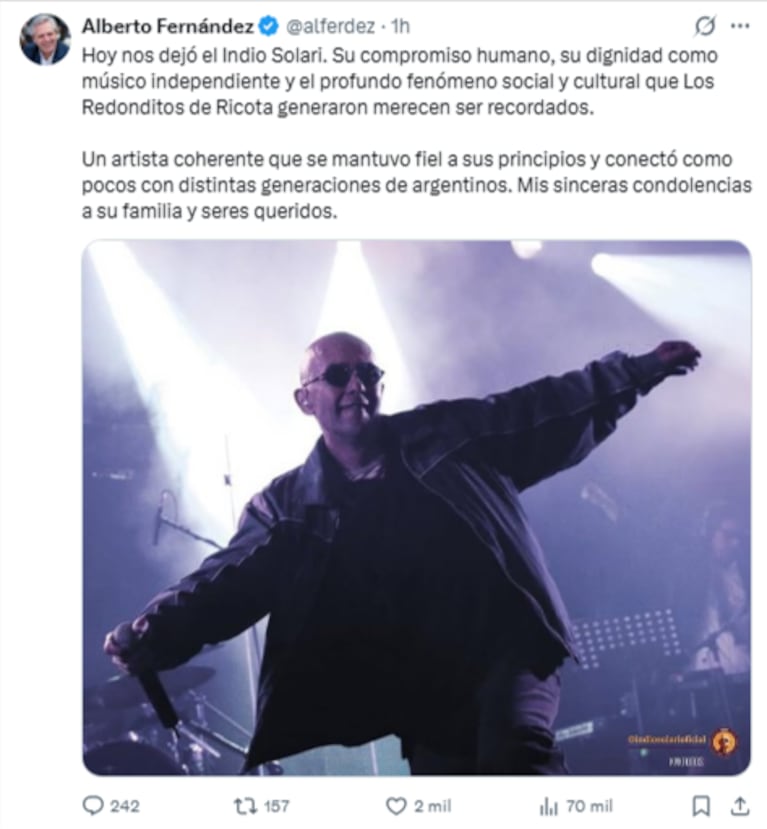 La despedida de Alberto Fernández al Indio Solari