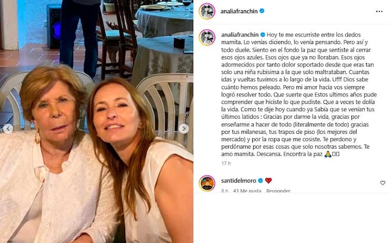 La despedida de Analía Franchín a Amalia, su mamá  (foto: Instagram @analiafranchin)