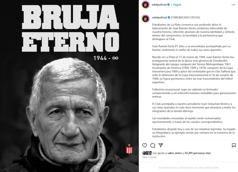 La despedida de Estudiantes de La Plata a Juan Ramón Verón, la "Bruja" (Foto: Instagram @edelpoficial)