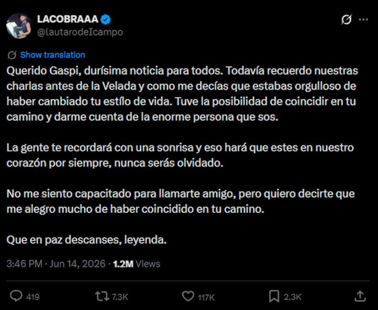 La despedida de La Cobra a Gaspi (Foto: X/ @lautarodelcampo)