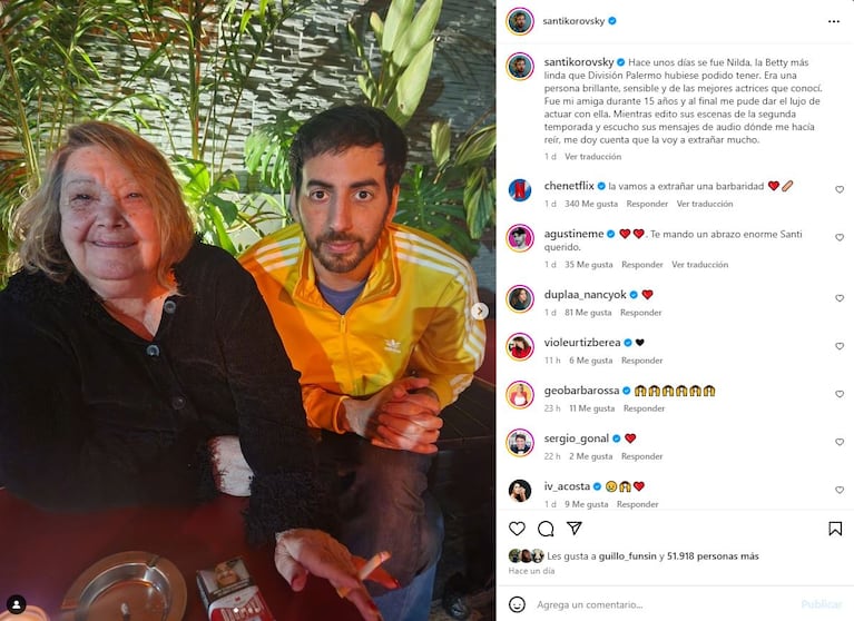La despedida de Santiago Korovski a Nilda Sindaco (Foto: Instagram)