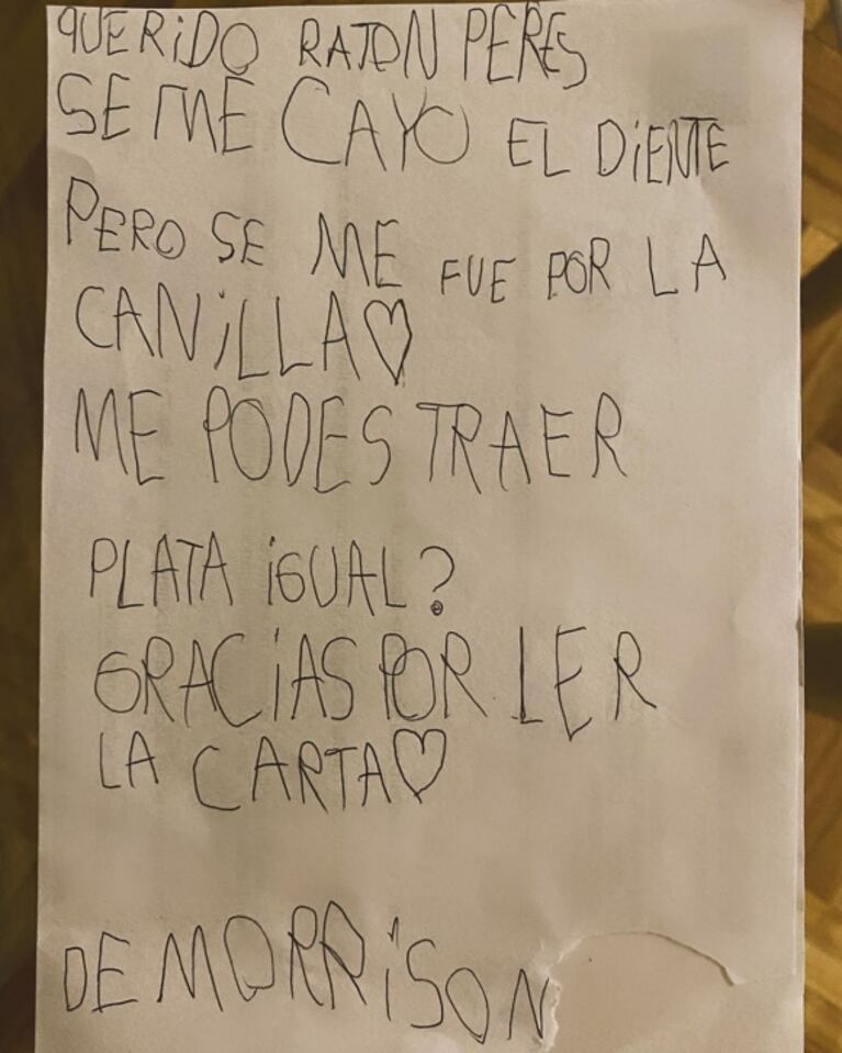 La divertida cartita de Momo al Ratón Pérez: "Se me fue por la canilla, ¿podés traerme plata igual?"