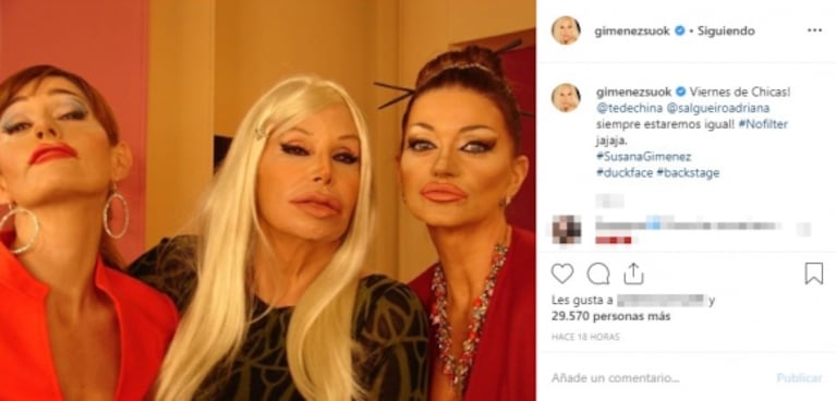 La divertida foto de Susana Giménez con Adriana Salgueiro y Carola Reyna: "Cara de pato"