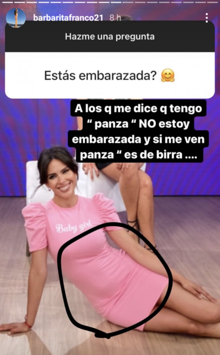 La divertida reacción de Barby Franco cuando le preguntaron si está embarazada de Burlando: "Si ven panza es de birra"