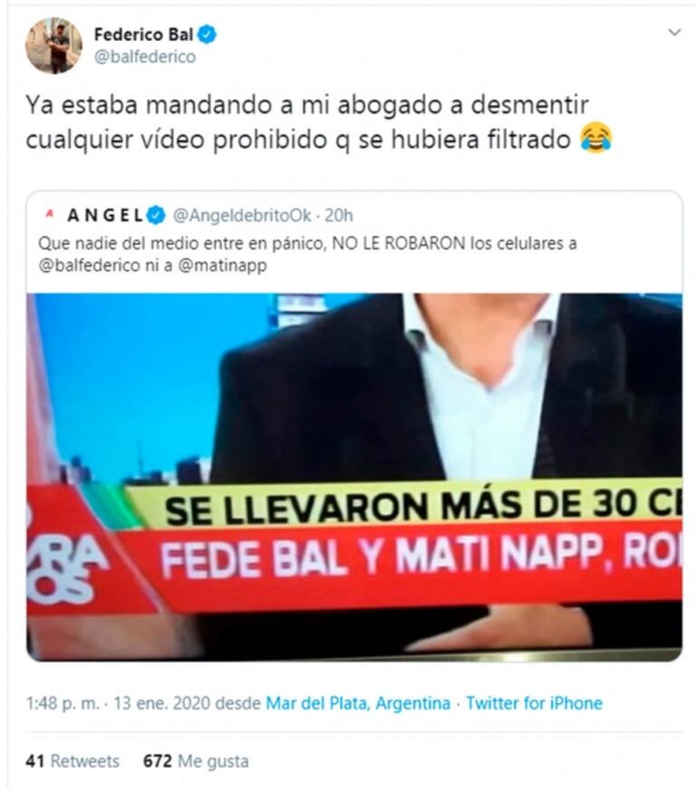 La divertida reacción de Fede Bal al ver una broma de Ángel de Brito sobre un robo que sufrió en Mardel