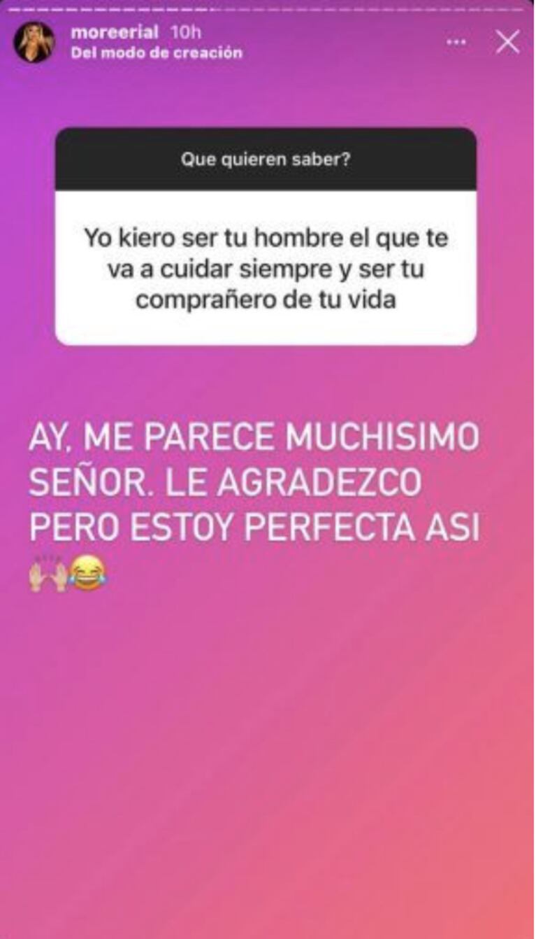 La divertida reacción de More Rial ante una melosa propuesta amorosa: "Le agradezco señor, pero así estoy perfecta"