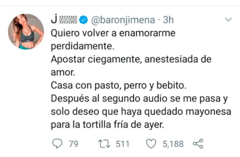La divertida reflexión de Jimena Barón sobre el amor: "Quiero enamorarme perdidamente, pero al segundo audio se me pasa"