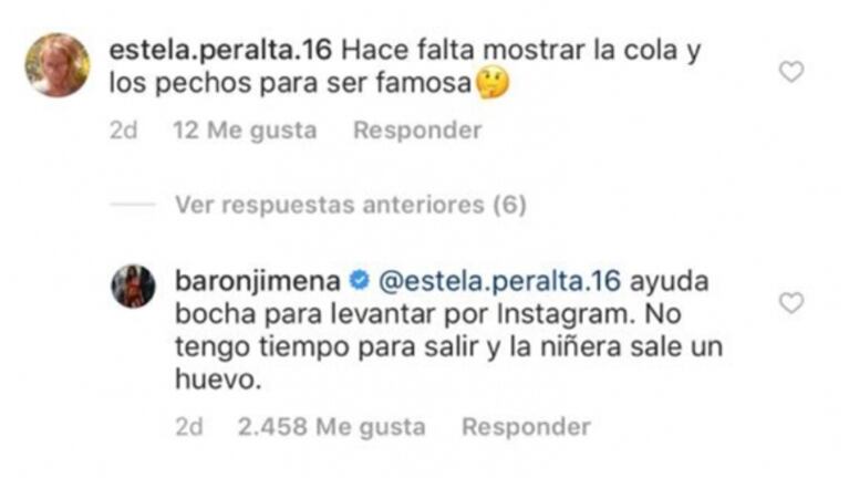 La divertida respuesta de Jimena Barón a una seguidora que le dijo “¿hace falta mostrar la cola y los pechos para ser famosa?”