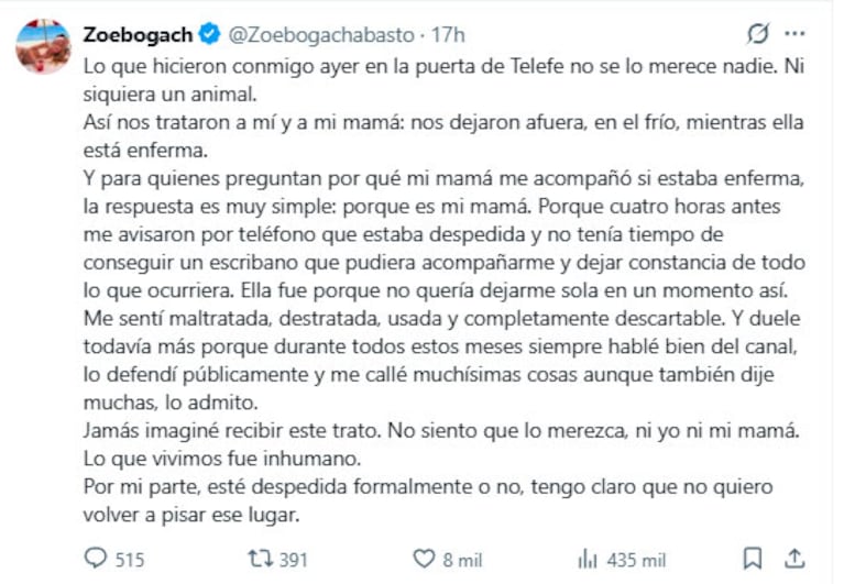 La drástica decisión de Zoe Bogach contra Telefe tras ser despedida (captura de redes)