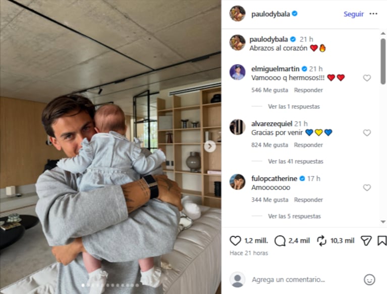 La dulce imagen que el futbolista compartió en sus redes para mostrar su lado más tierno.  Crédito Instagram: paulodybala