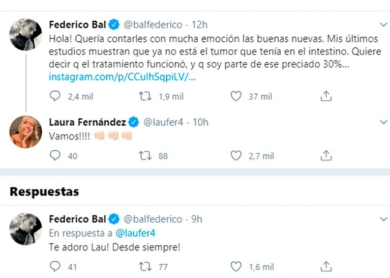 La dulce reacción de Fede Bal tras el mensaje de Laurita Fernández por su recuperación: "Te adoro Lau, desde siempre"