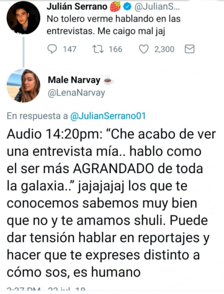 La dura autocrítica de Julián Serrano cuando se ve en una nota: la respuesta de Malena Narvay   