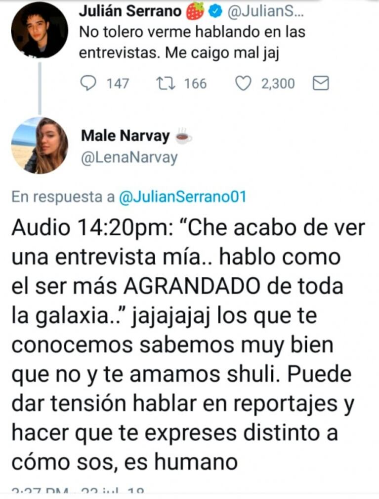 La dura autocrítica de Julián Serrano cuando se ve en una nota: la respuesta de Malena Narvay   