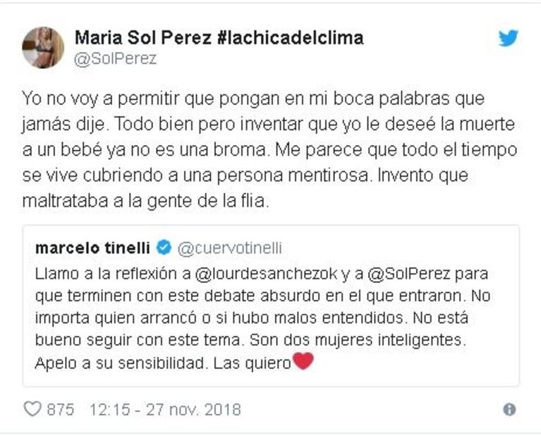 La dura respuesta de Sol Pérez a Marcelo Tinelli tras la polémica con Lourdes Sánchez