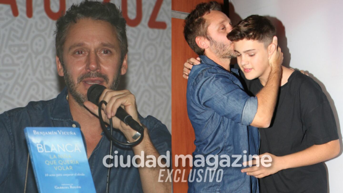 La emoción de Benjamín Vicuña en la presentación del libro sobre Blanca y el apoyo incondicional de su hijo mayor, Bautista (Fotos: Movilpress)