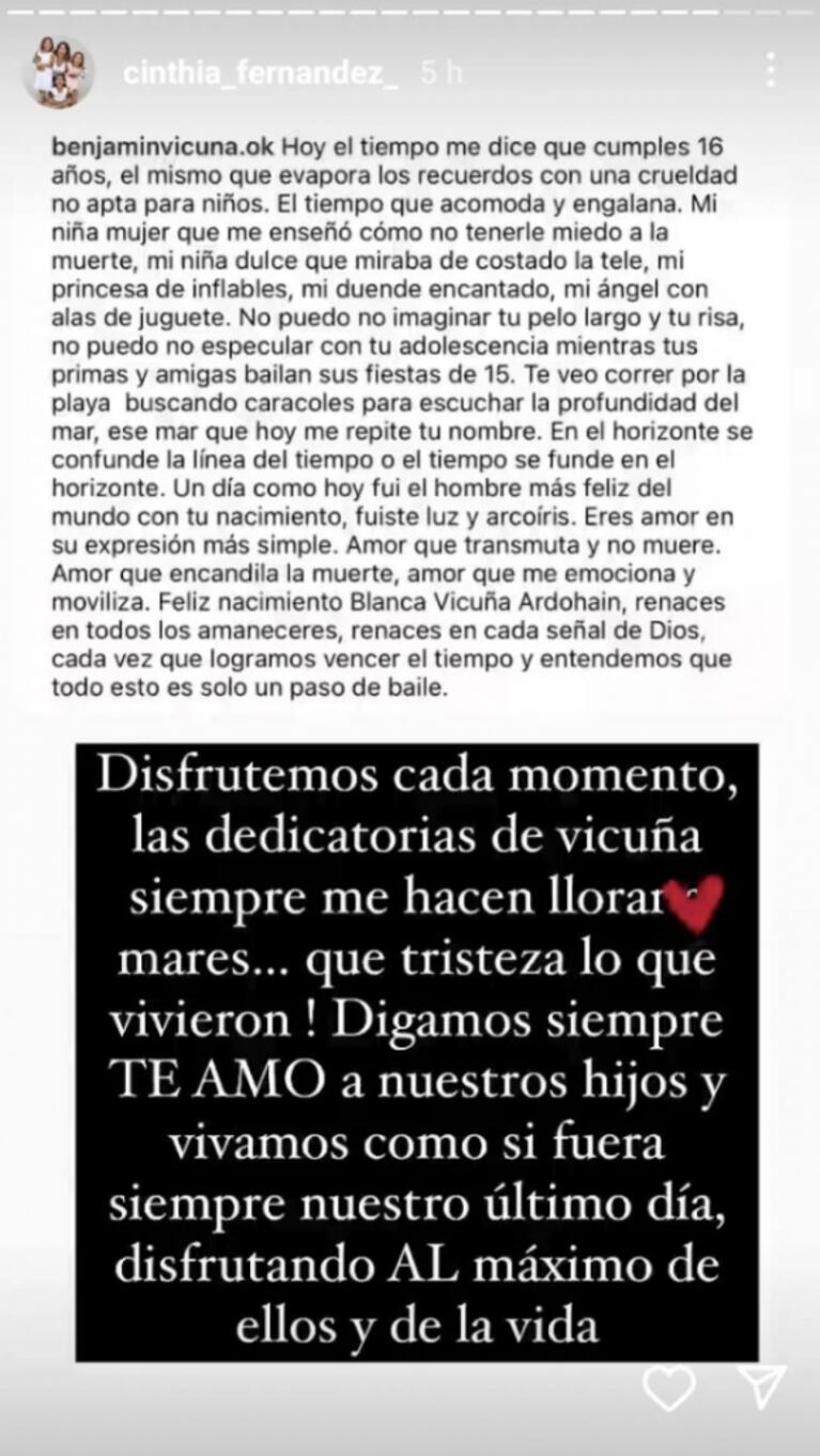 La emoción de Cinthia Fernández ante el posteo de Benjamín Vicuña sobre Blanca: "Qué tristeza"
