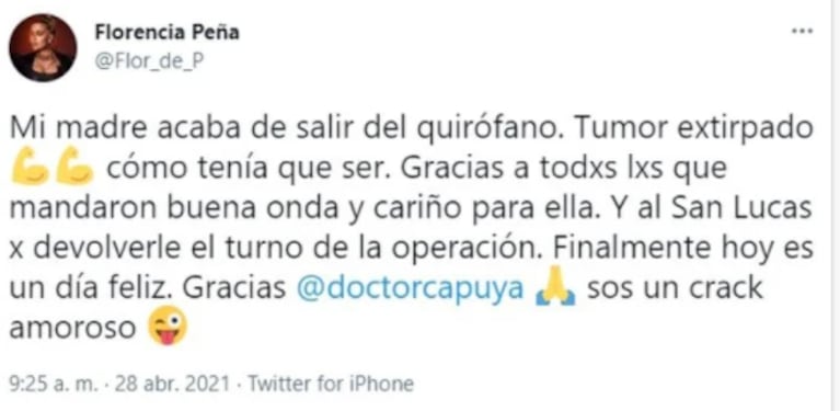La emoción de Florencia Peña tras la operación de su madre: "Acaba de salir del quirófano; tumor extirpado"
