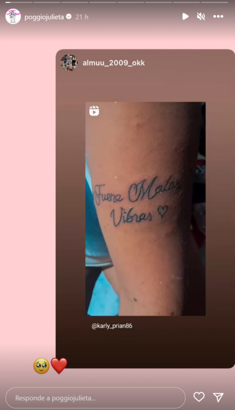 La emoción de Julieta Poggio de Gran Hermano con una fan que se hizo un tatuaje en su honor