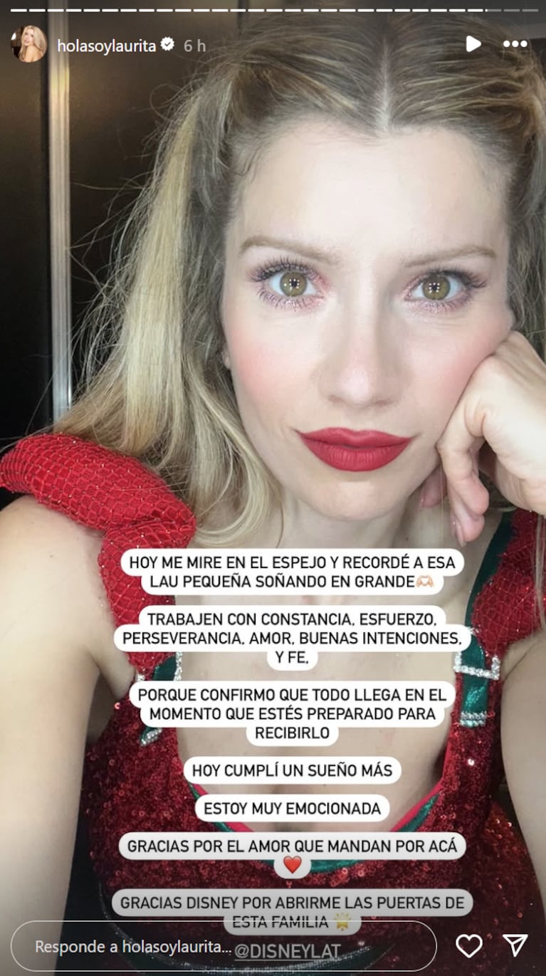 La emoción de Laurita por haber cumplido su sueño de trabajar para Disney.