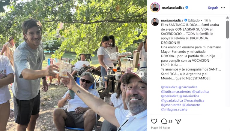 La emoción de Mariano Iúdica por la decisión de su sobrino de ser sacerdote: “Es una despedida grosa”. Crédito: Instagram