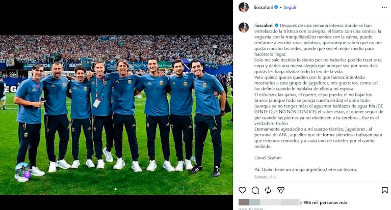 La emotiva carta de Lionel Scaloni una semana después del Mundial 2026