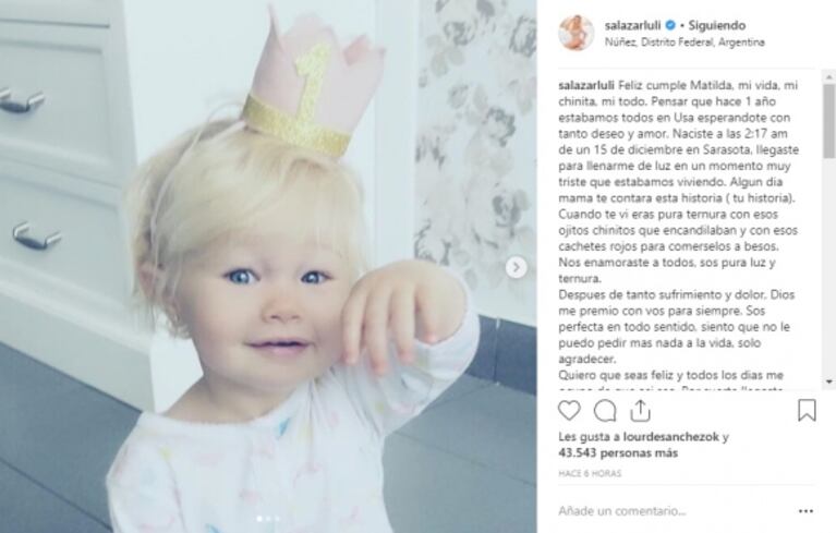 La emotiva carta de Luli Salazar a su hija en su primer cumpleaños: "Algún día mamá te contará tu historia"
