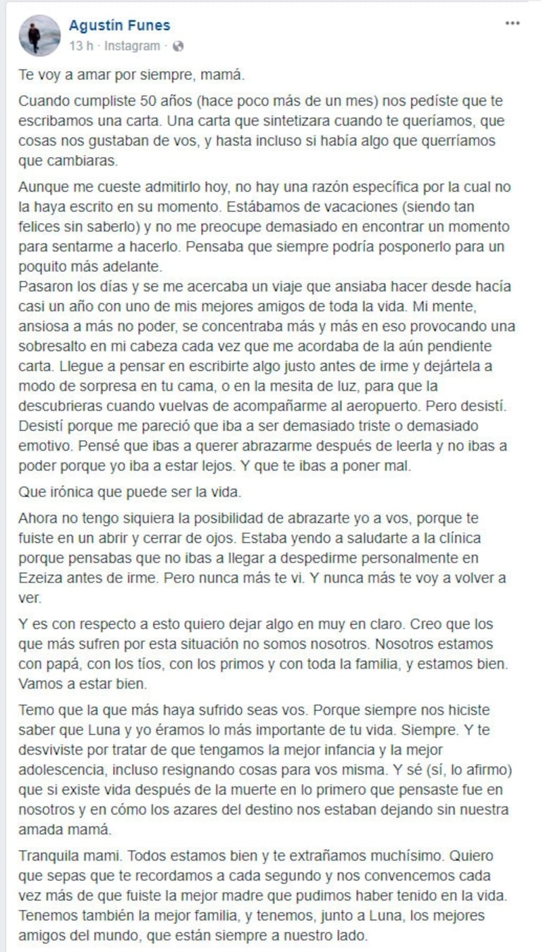 La emotiva carta del hijo de Débora Pérez Volpin: "Fuiste la mejor madre; espero que te hayas encontrado con el abuelo, tu papá, tu ídolo, allá arriba"