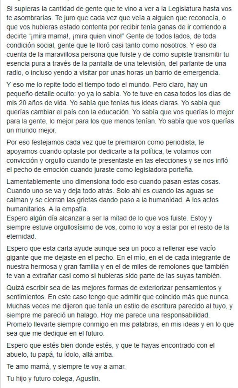 La emotiva carta del hijo de Débora Pérez Volpin: "Fuiste la mejor madre; espero que te hayas encontrado con el abuelo, tu papá, tu ídolo, allá arriba"