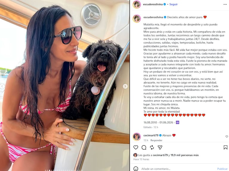La emotiva despedida de Silvina Escudero a Mulata (Foto de Instagram)