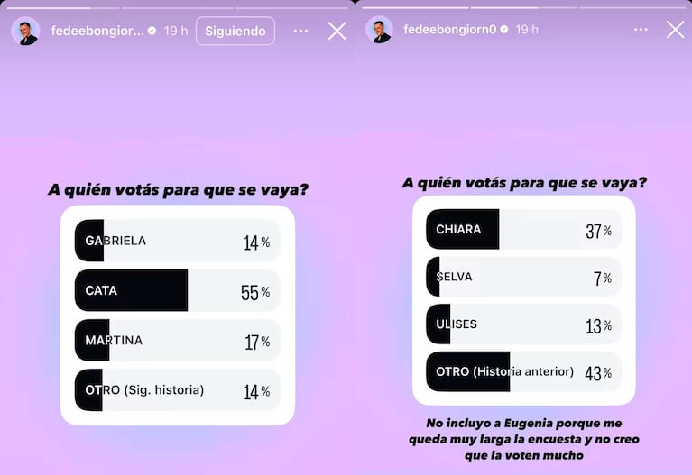 La encuesta de Fede Bongiorno para Gran Hermano (Foto: Instagram @fefebongiorno)