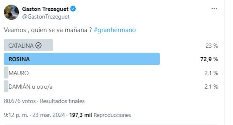 La encuesta de Gastón Trezeguet sobre Gran Hermano (Foto: Twitter /X)