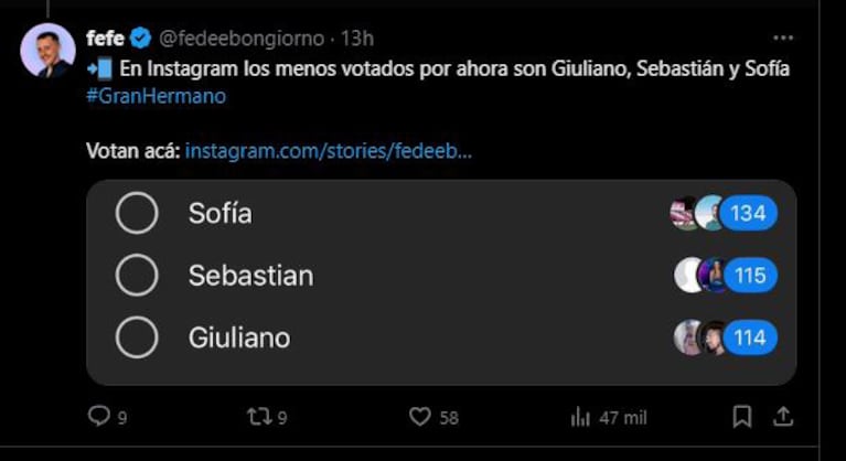 La encuesta en Instagram de Fede Bongiorno.