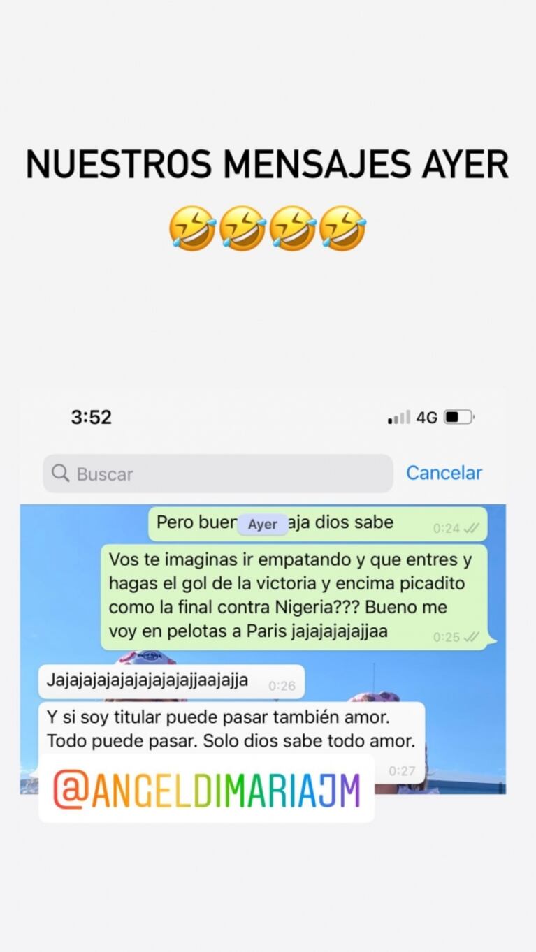 La esposa de Ángel Di Maria mostró el chat con su increíble premonición de su gol en la final: "Entrás y lo hacés picadito"