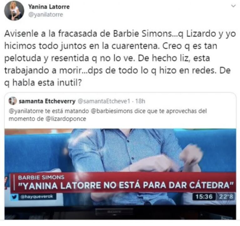 La explosiva reacción de Yanina Latorre ante las críticas de Barbie Simons: "Avísenle a la fracasada"