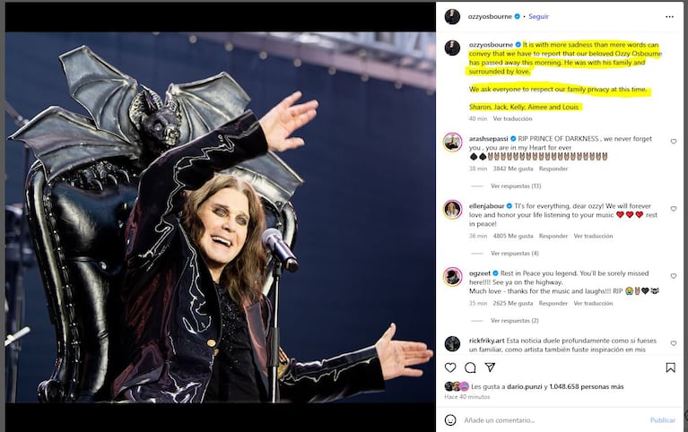 La familia de Ozzy Osbourne anunció la triste noticia en las redes. Captura: Instagram @ozzyosbourne