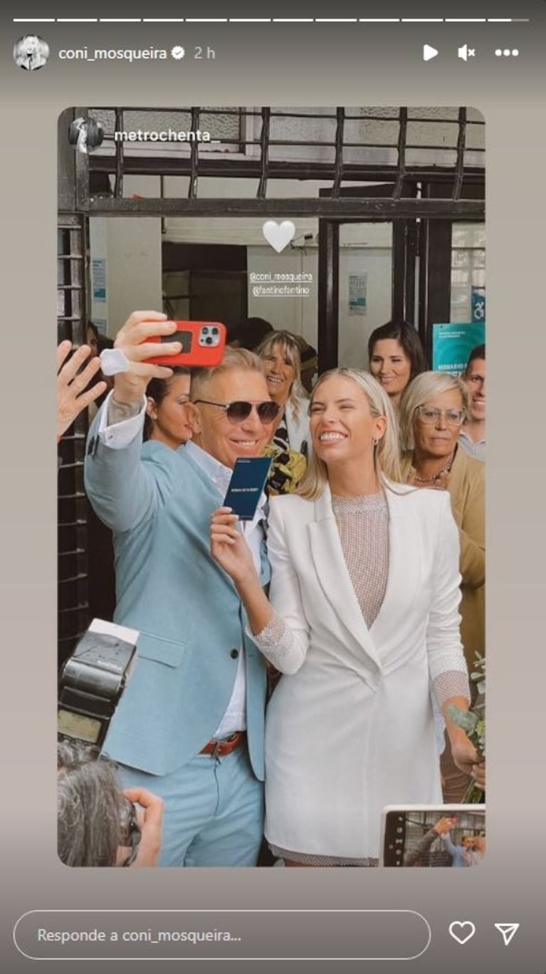 La felicidad de Alejandro Fantino y Coni Mosqueira en su casamiento por Civil: los looks de los novios