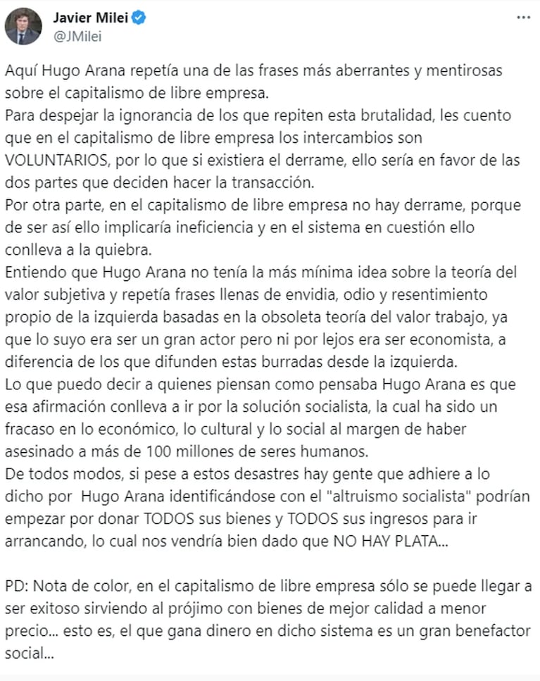 La filosa reacción del hijo de Hugo Arana ante los fuertes comentarios de Javier Milei contra su papá