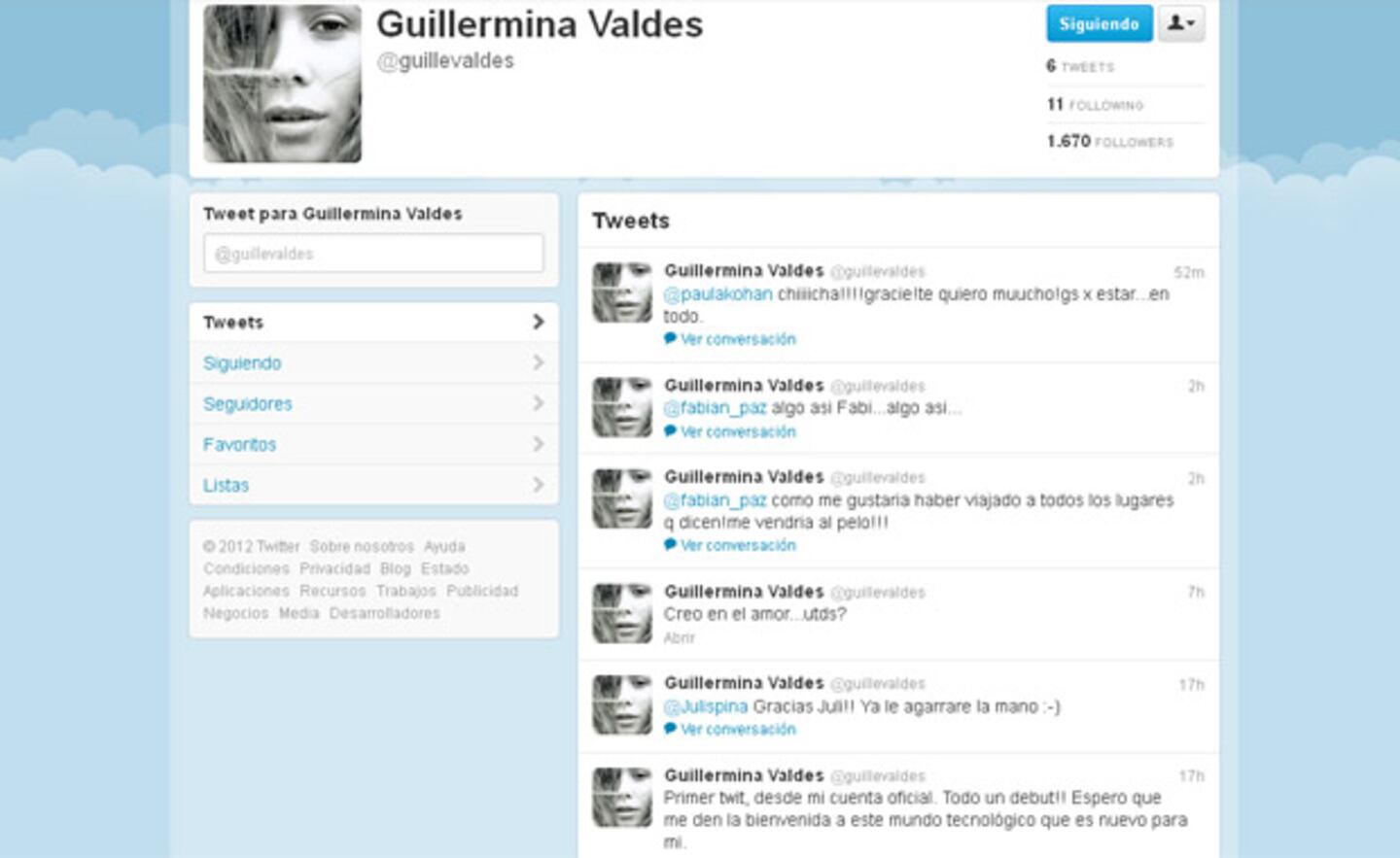 La flamante cuenta de Twitter de Guillermina Valdés, confirmada por su representante. (Captura: @guillevaldes)