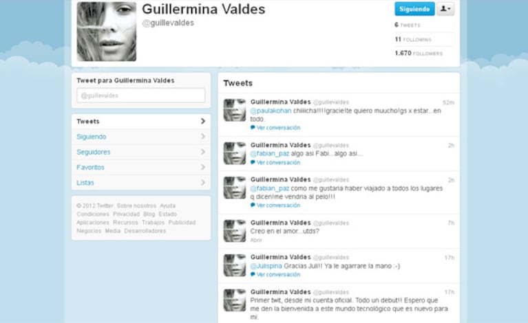 La flamante cuenta de Twitter de Guillermina Valdés, confirmada por su representante. (Captura: @guillevaldes)