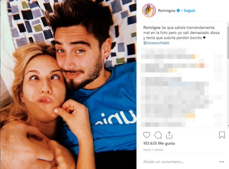 La foto "autoescrache" de Flor Vigna con Nico Occhiato: "Sé que saliste tremendamente mal, pero yo salí diosa"