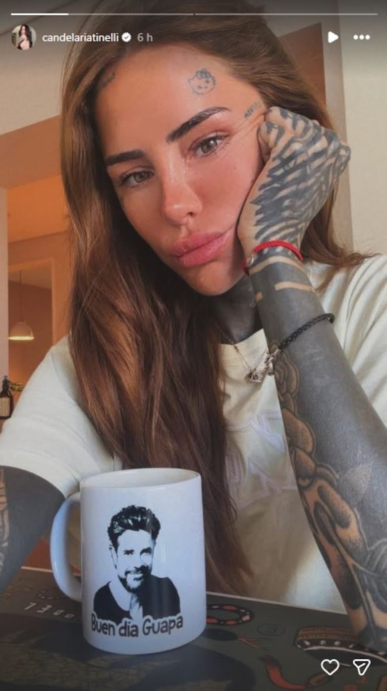 La foto de Cande Tinelli con la taza de Luciano Castro. Foto: Captura de Instagram Stories (@candelariatinelli)
